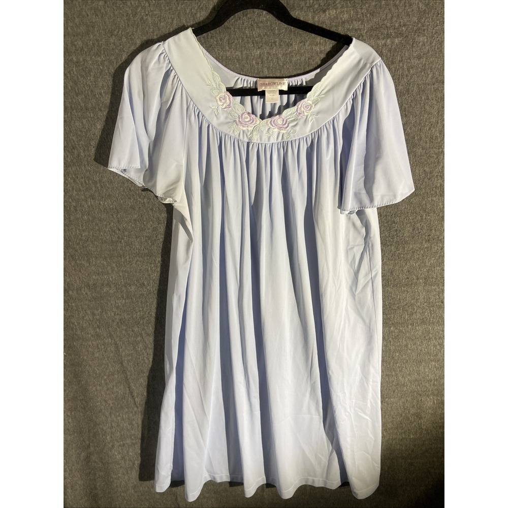 Shadowline Womens Blue Nylon Nightgown Embroidered Floral Rose Short Sleeve L